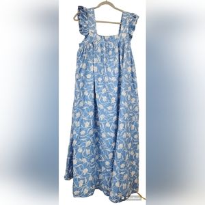 A New Day Women's A Line  Blue Floral Sleeveless Ruffled Straps XXL Linen Blend